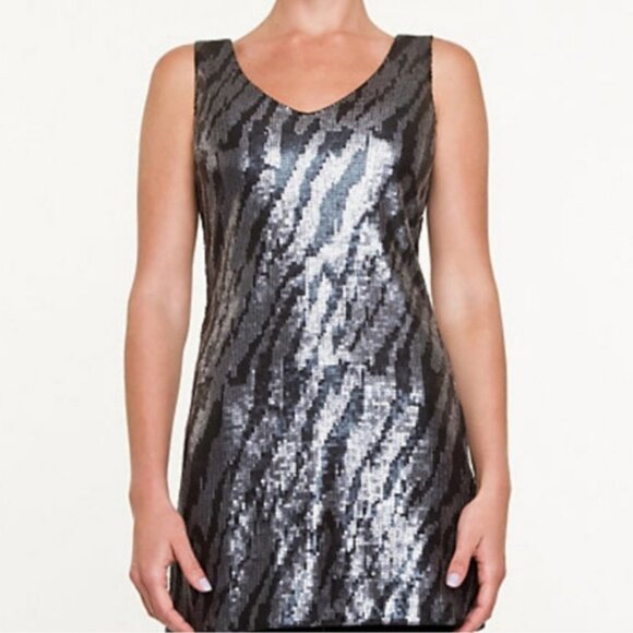 Le Chateau Sequin Mini Dress XXS V-neckline Black Silver Shiny Party Dress NWT - Picture 1 of 12